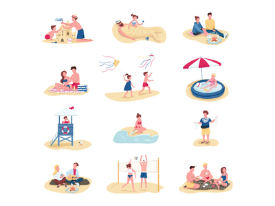 海滩活动平面颜色矢量不露面字符集(Beach activities flat color vector faceless characters set)