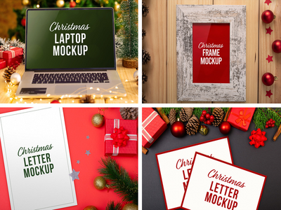 圣诞笔记本电脑、字母和框架样机(Christmas Laptop, Letter & Frame Mockup)