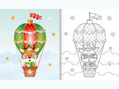 用热气球上可爱的鹿圣诞人物着色书(coloring book with a cute deer christmas characters on hot air balloon)
