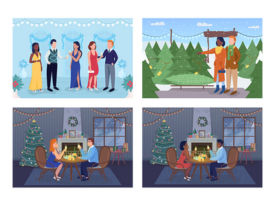 圣诞假期准备平面彩色矢量插图集(Christmas holiday preparation flat color vector illustration set)