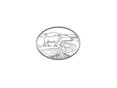 婆罗门公牛与蜿蜒的河流山脉和篝火线艺术纹身(Brahman Bull with Winding River Mountain Range and Campfire Line Art Tattoo)