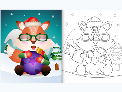 着色书与可爱的狐狸拥抱圣诞球(coloring book with a cute fox hug christmas ball)