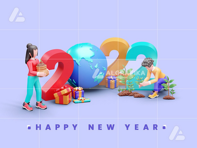 2022 年新年快乐 3d 人物插图(3d character illustration happy new year 2022)