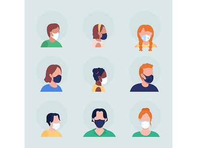 带有面具集的 Covid 传播预防半平面彩色矢量字符化身(Covid spread prevention semi flat color vector character avatar with mask set)