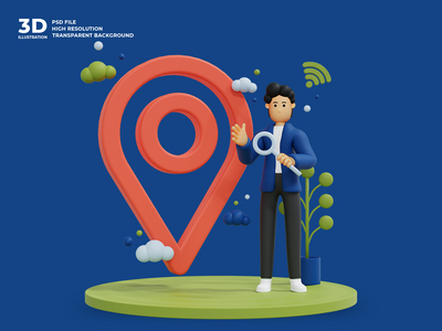 寻找位置的 3d 男性角色插图(3d male character illustration looking for location)