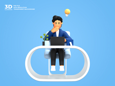 使用笔记本电脑自由职业者工作的 3d 男性角色(3d male character working using laptop freelancer)