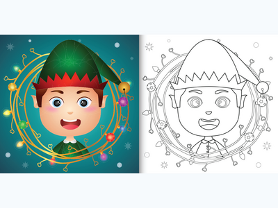 着色书与可爱的男孩精灵与树枝装饰圣诞节(coloring book with a cute boy elf with twigs decoration christmas)