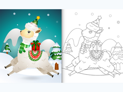 带有可爱羊驼圣诞人物的图画书(coloring book with a cute alpaca christmas characters)