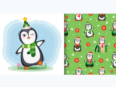 带有可爱企鹅圣诞人物的图画书(coloring book with a cute penguin christmas characters)