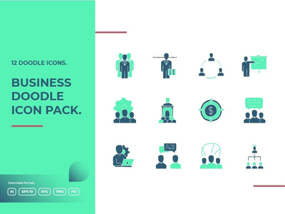 12 个业务团队合作涂鸦插图图标集(12 business teamwork doodle illustrations icon set)