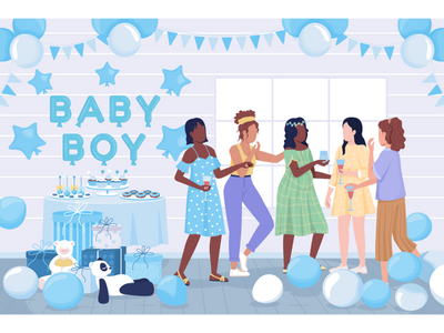 婴儿淋浴派对平面彩色矢量图(Baby shower party flat color vector illustration)