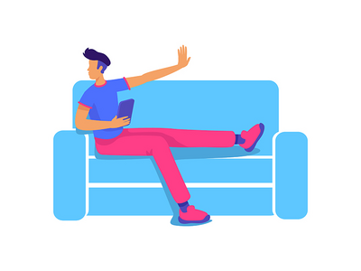 无忧无虑的家伙，坐在沙发上的平板电脑半平面彩色矢量字符(Carefree guy with tablet sitting on sofa semi flat color vector character)
