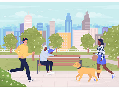 城市公园与游客平面彩色矢量图(City park with visitors flat color vector illustration)