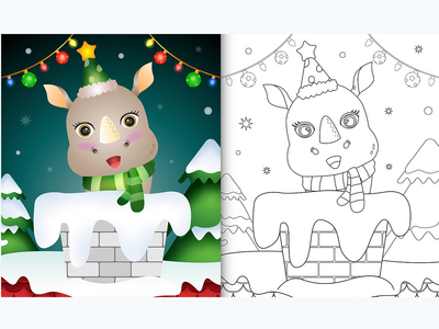 用帽子和围巾在烟囱里为可爱犀牛的孩子着色书(coloring book for kids with a cute rhino using hat and scarf in chimney)
