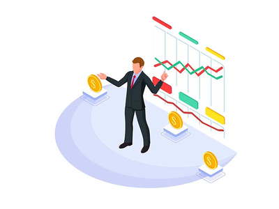 提出一个不断增长的图表的商人。(Businessman with presenting a growing chart.)