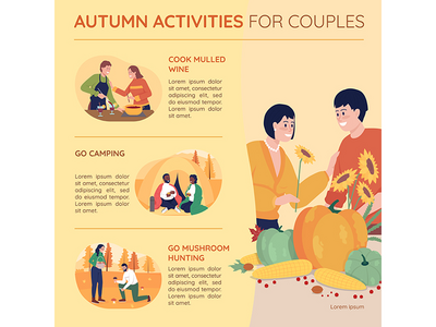 情侣秋季活动平面彩色矢量图模板(Autumn activities for couples flat color vector infographic template)