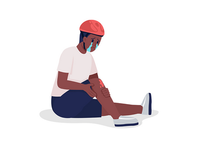 带伤腿半扁平色矢量字符的哭泣男学生(Crying schoolboy with injured leg semi flat color vector character)