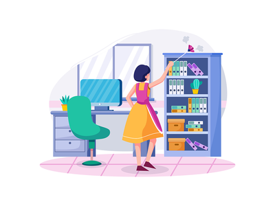 清洁工人用羽毛刷打扫办公室。(Cleaning worker cleans the office with Feather brush.)