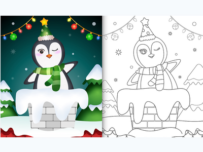 用帽子和围巾在烟囱里给可爱企鹅的孩子涂色书(coloring book for kids with a cute penguin using hat and scarf in chimney)