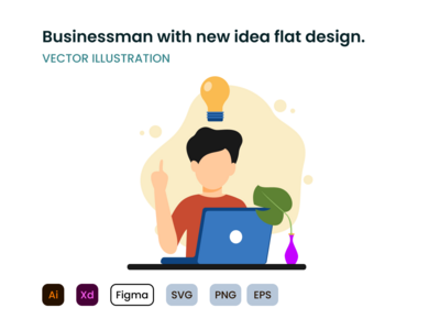 具有新理念平面设计理念的商人。(Businessman with new idea flat design concept.)