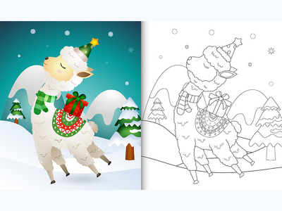 带有可爱羊驼圣诞人物的图画书(coloring book with a cute alpaca christmas characters)