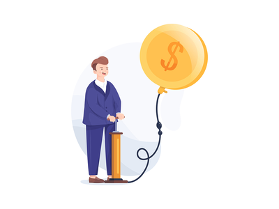 吹气球形状的金币的商人。(Businessman blowing a balloon in the shape of a gold coin.)