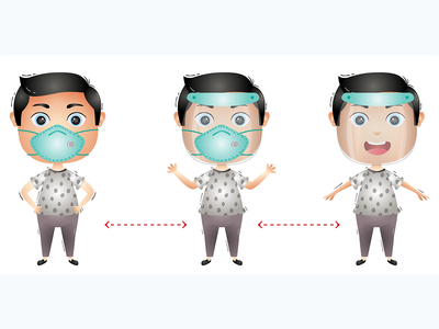 使用面罩和面具的可爱男孩角色(Cute boy character using face shield and mask)