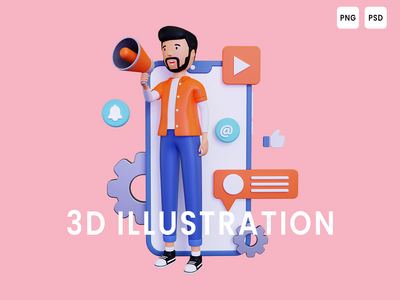 拿着扩音器扬声器做移动营销的 3d 人(3d Man doing on Mobile marketing with holding megaphone loudspeaker)