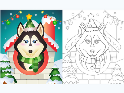 带有可爱的哈士奇狗圣诞人物的着色书(coloring book with a cute husky dog christmas characters)