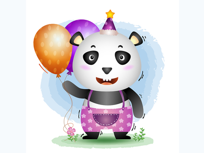 一只可爱的熊猫，戴着生日帽，拿着气球(a cute panda using birthday hat and holds balloon)