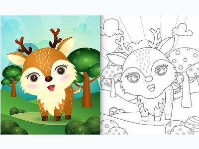 带有可爱鹿角色插图的儿童着色书(coloring book for kids with a cute deer character illustration)