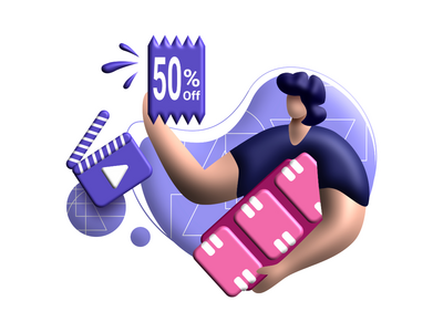 现金返还电影预告片 3d 渲染插图以获得优惠券 50% 折扣(cashback movie trailer 3d rendering Illustration for get vouchers 50% discounts)