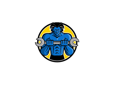 蓝色肌肉怪物扳手吉祥物(Blue Muscular Monster Wrench Mascot)