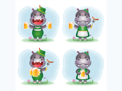 一对可爱的河马夫妇，穿着传统的慕尼黑啤酒节礼服(a cute hippo couple with traditional oktoberfest dress)