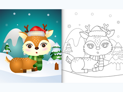 涂色书，上面有可爱的鹿圣诞人物，戴着圣诞帽和围巾(coloring book with a cute deer christmas characters with a santa hat and scarf)