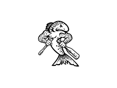 棕色鳟鱼或鲑鱼断桨或桨卡通吉祥物黑白(Brown Trout or Salmon Breaking Oar or Paddle Cartoon Mascot Black and White)