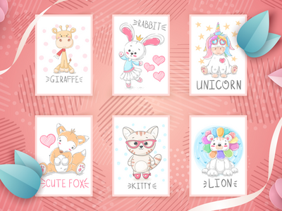 可爱的卡通人物集动物(Adorable Cartoon Character Set Animal)