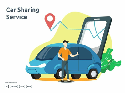 汽车共享或在线出租车插图概念(Car sharing or online taxi illustration concept)
