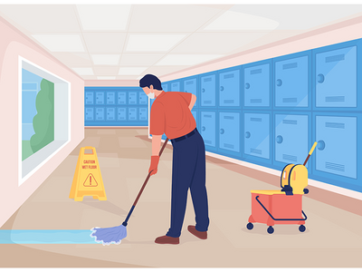 清洁学校大厅平面彩色矢量图(Cleaning school hall flat color vector illustration)