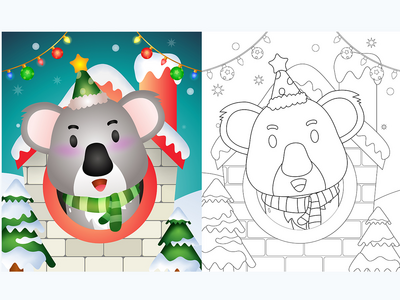 用帽子和围巾为可爱的考拉圣诞人物着色书(coloring book with a cute koala christmas characters using hat and scarf)