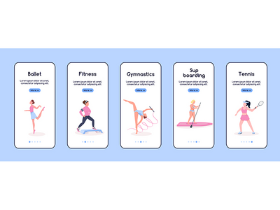 运动入职移动应用屏幕平面矢量模板中的字符(Characters in sport onboarding mobile app screen flat vector template)