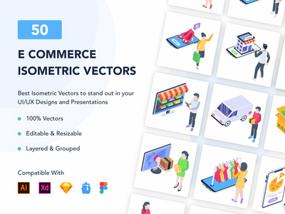 50 个等距电子商务插图(50 Isometric Ecommerce Illustrations)