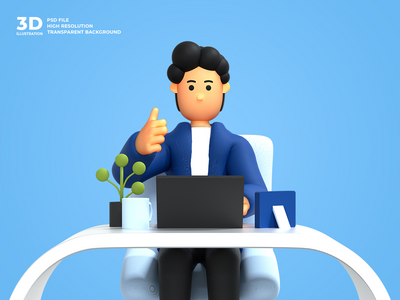 使用笔记本电脑自由职业者工作的 3d 男性角色(3d male character working using laptop freelancer)