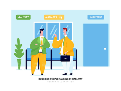商界人士在走廊里交谈-商业矢量场景(Business People Talking in Hallway - Business Vector Scenes)