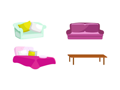 卧室和客厅家具平面颜色矢量对象集(Bedroom and living room furniture flat color vector objects set)