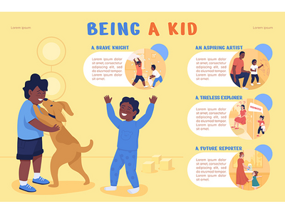 作为一个孩子平面颜色矢量图模板(Being a kid flat color vector infographic template)