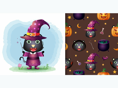 黑猫与服装万圣节人物收藏。(black cat with costume halloween character collection.)