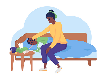 孩子与疾病 2D 病媒隔离图解(Child laying with disease 2D vector isolated illustration)