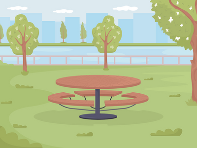 被住宅绿地平面矢量图包围的野餐桌(Picnic table surrounded by residential green space flat vector illustration)