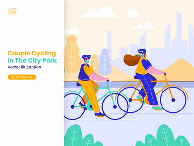 在城市公园插图中骑自行车的情侣(Couple Cycling in The City Park Illustration)